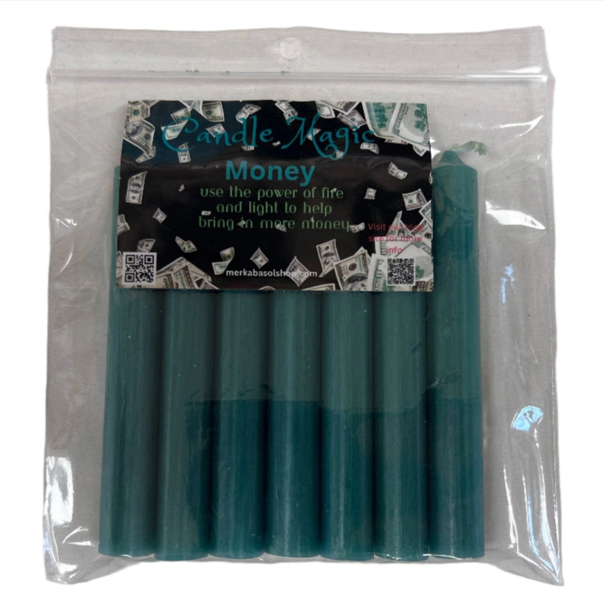 Green candles in clear plastic packaging.