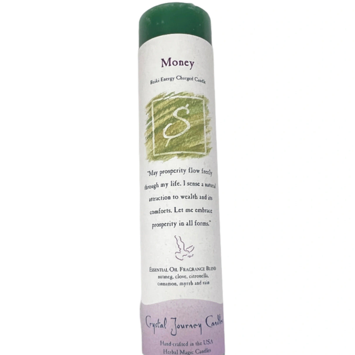 Money Pillar Candle - green pillar candle with white label and writing Money Candle