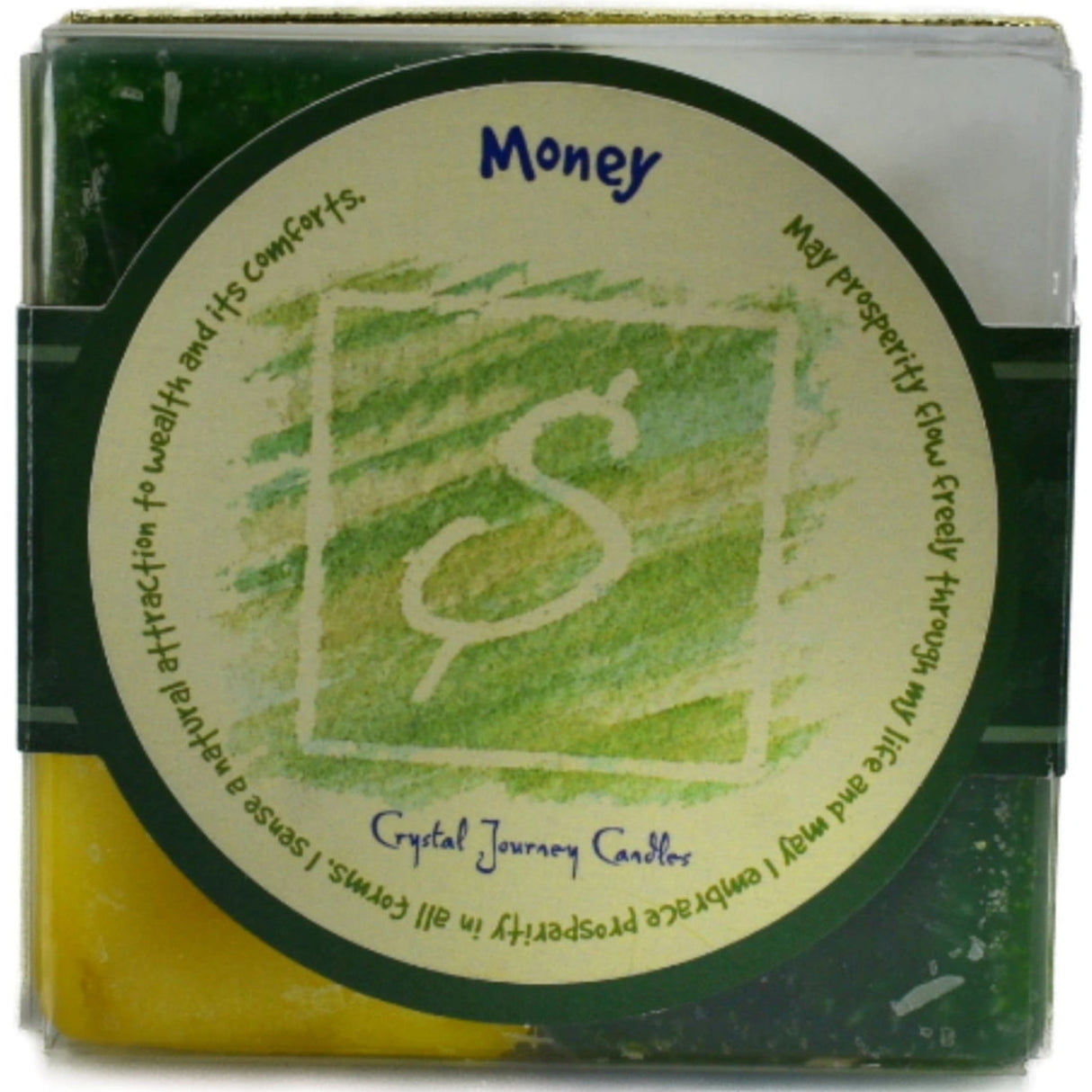 Money Candle Set with green, yellow, purple, and white candles.