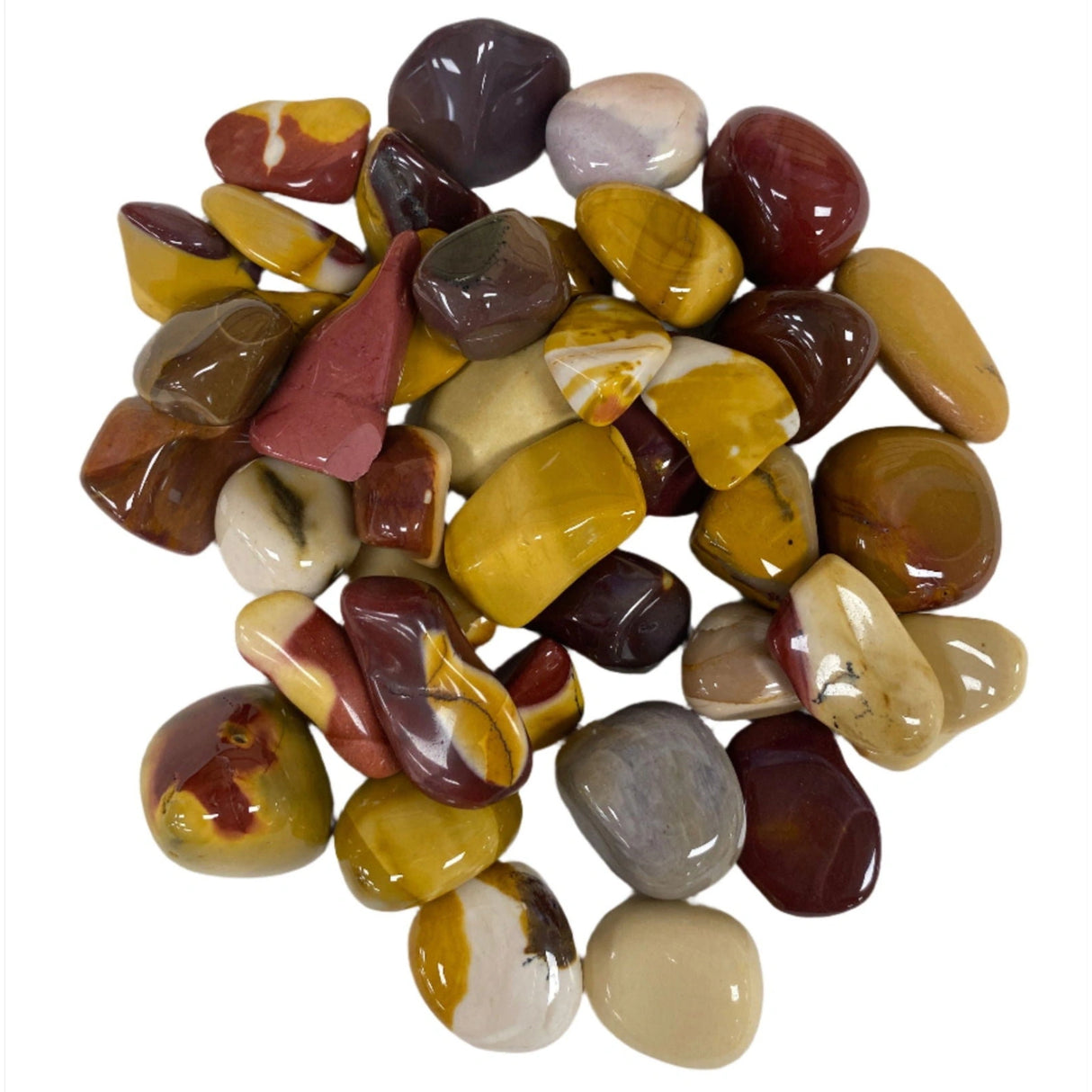 Mookaite Tumbled - Mookaite Tumbled, Polished, vibrant shades of red, yellow, and brown.