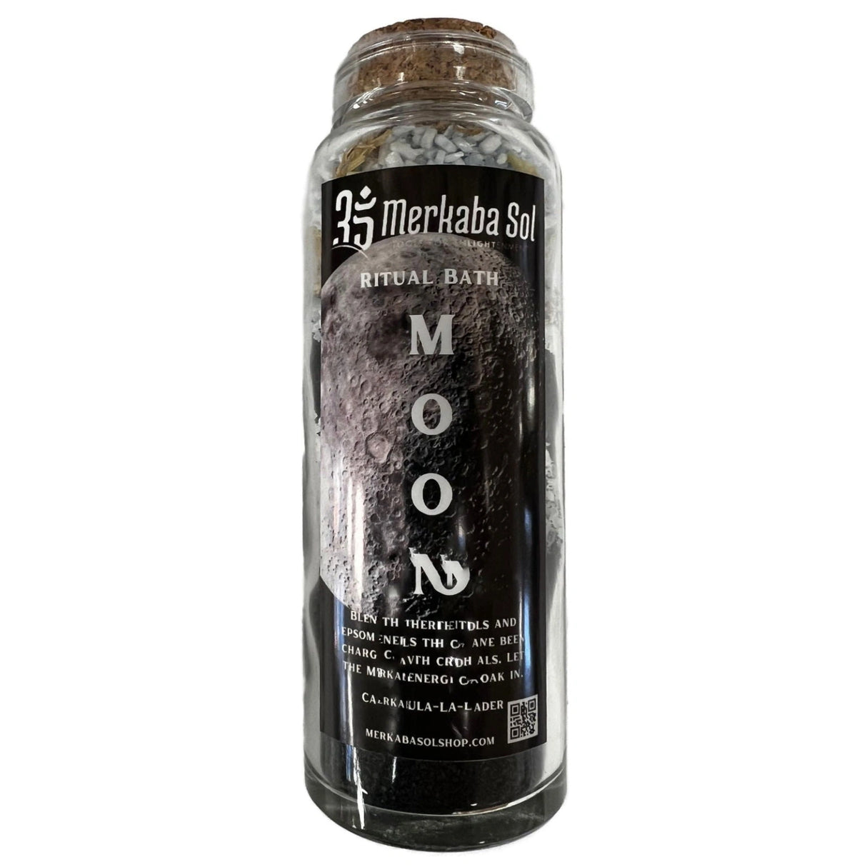Moon Ritual Bath - Tall glass bottle with black label describing ingredients