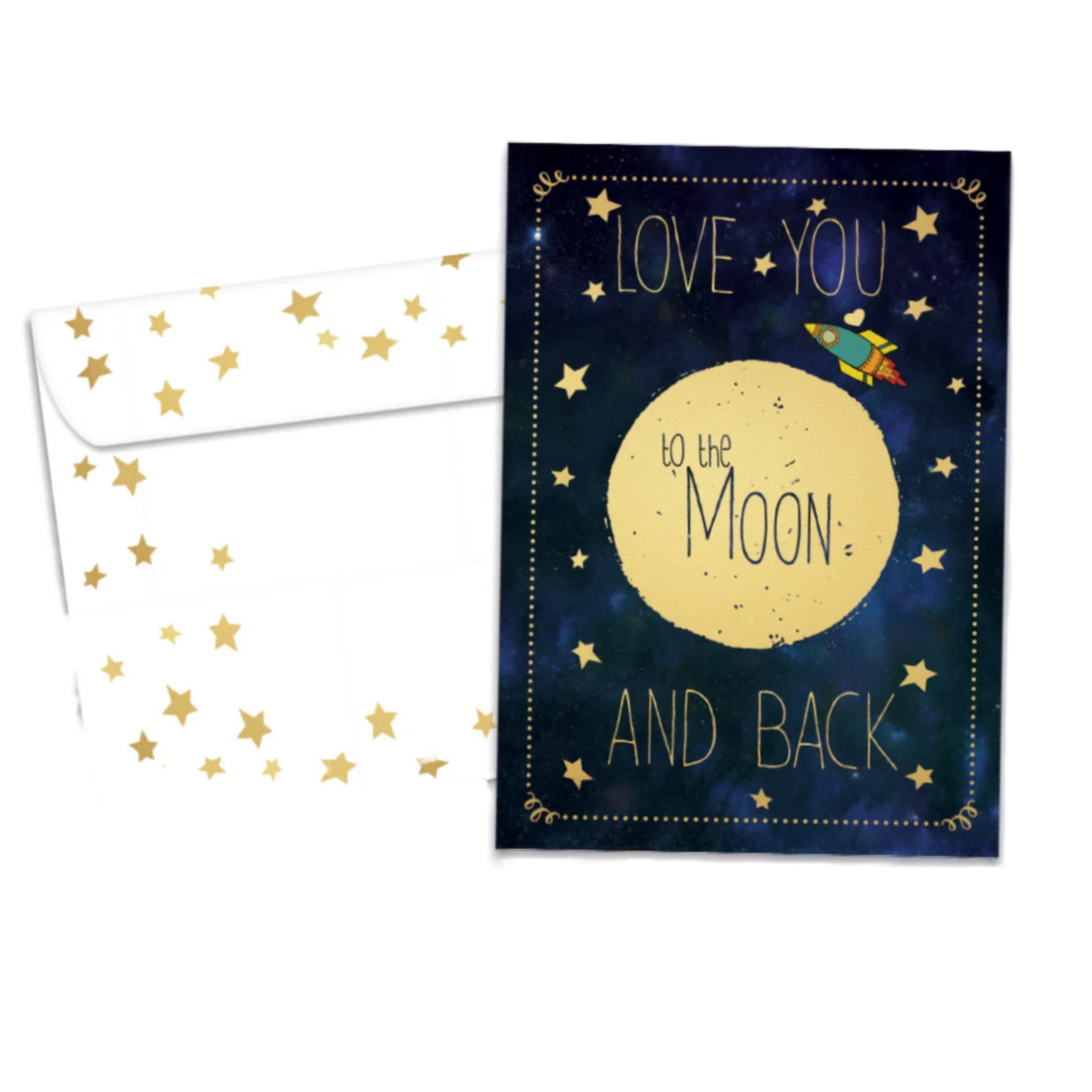 Black greeting card with image of full moon and stars with writing