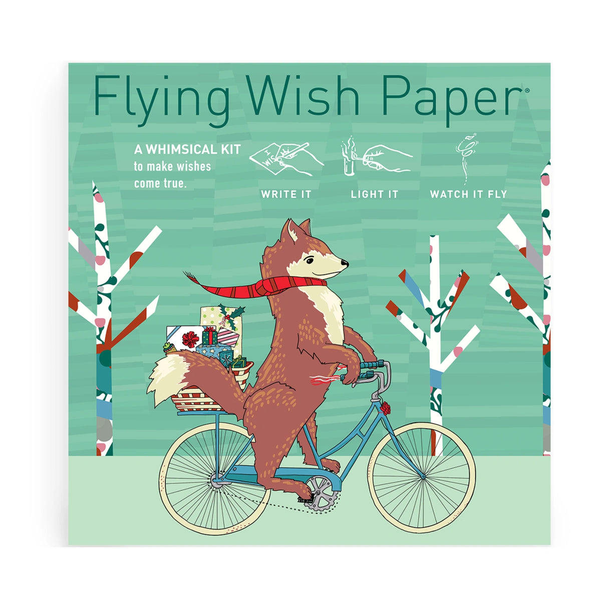 Flying Wish Paper kit with fox riding a bicycle illustration.