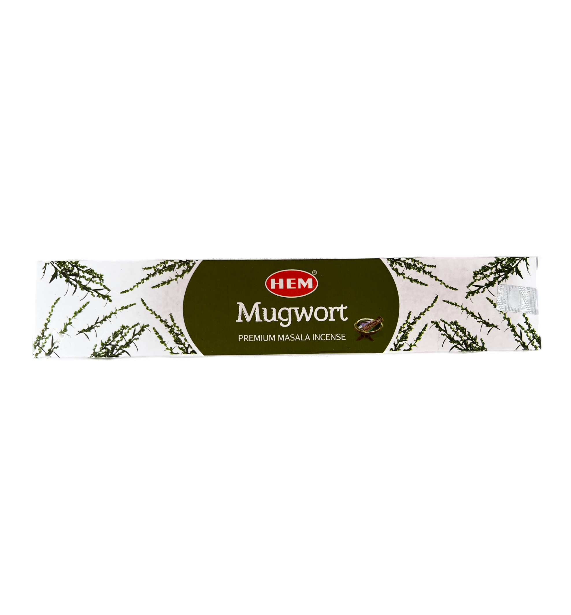 Mugwort Incense Sticks. The front cover has a white background with drawings of mugwort as designs. The center is a green oval shape. Inside, the top line has a red oval with the company name in it Hem. Below it says Mugwort Premium Masala Incense.