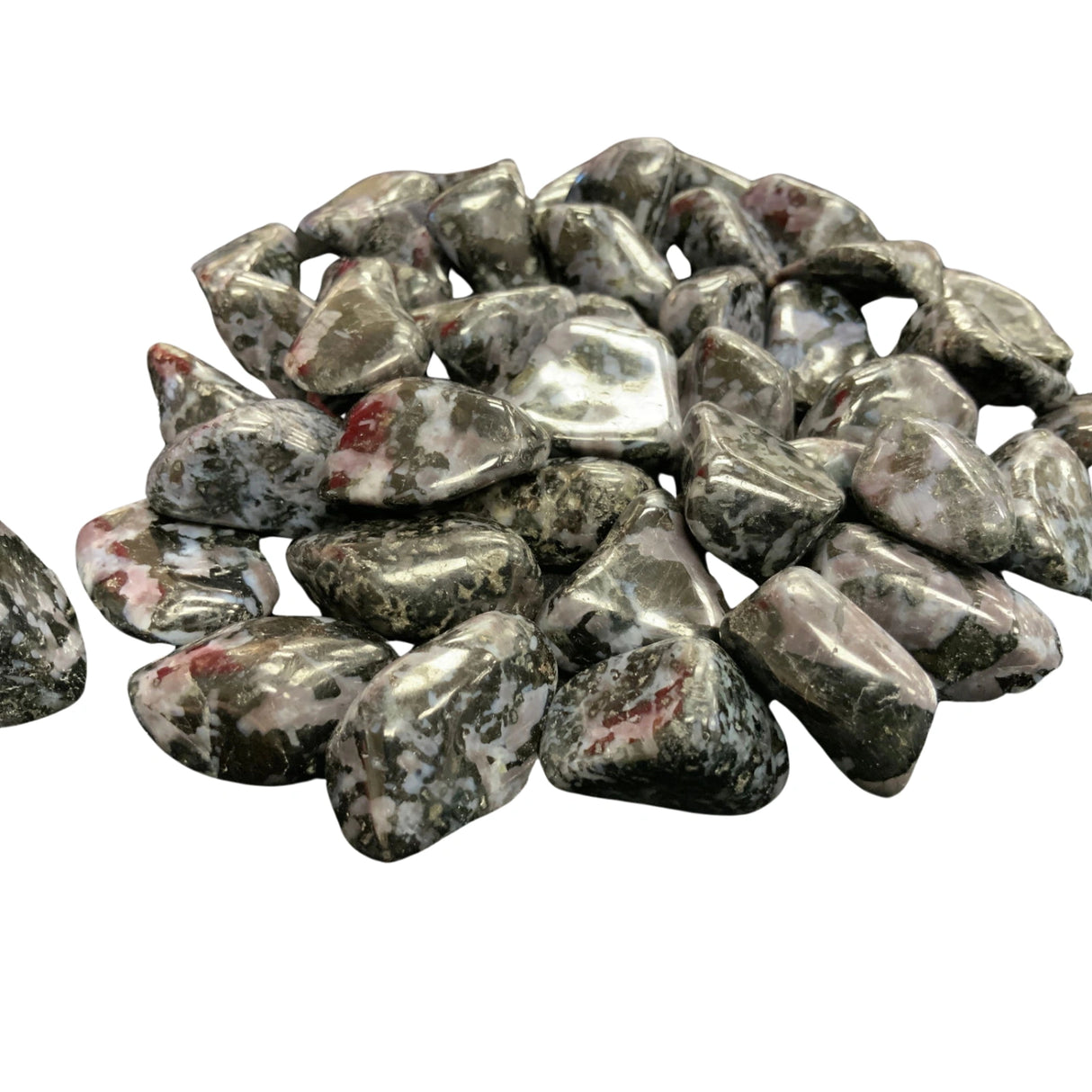 Mystic Merlinite Gabbro Tumbled - Mystic Merlinite Gabbro Tumbled, polished, black and white swirls and flecks of deep red.