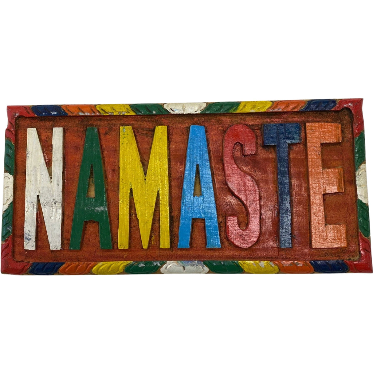 Namaste Wood Wall Hanging - A rectangular wooden wall hanging with the word "NAMASTE" painted in rainbow colors.