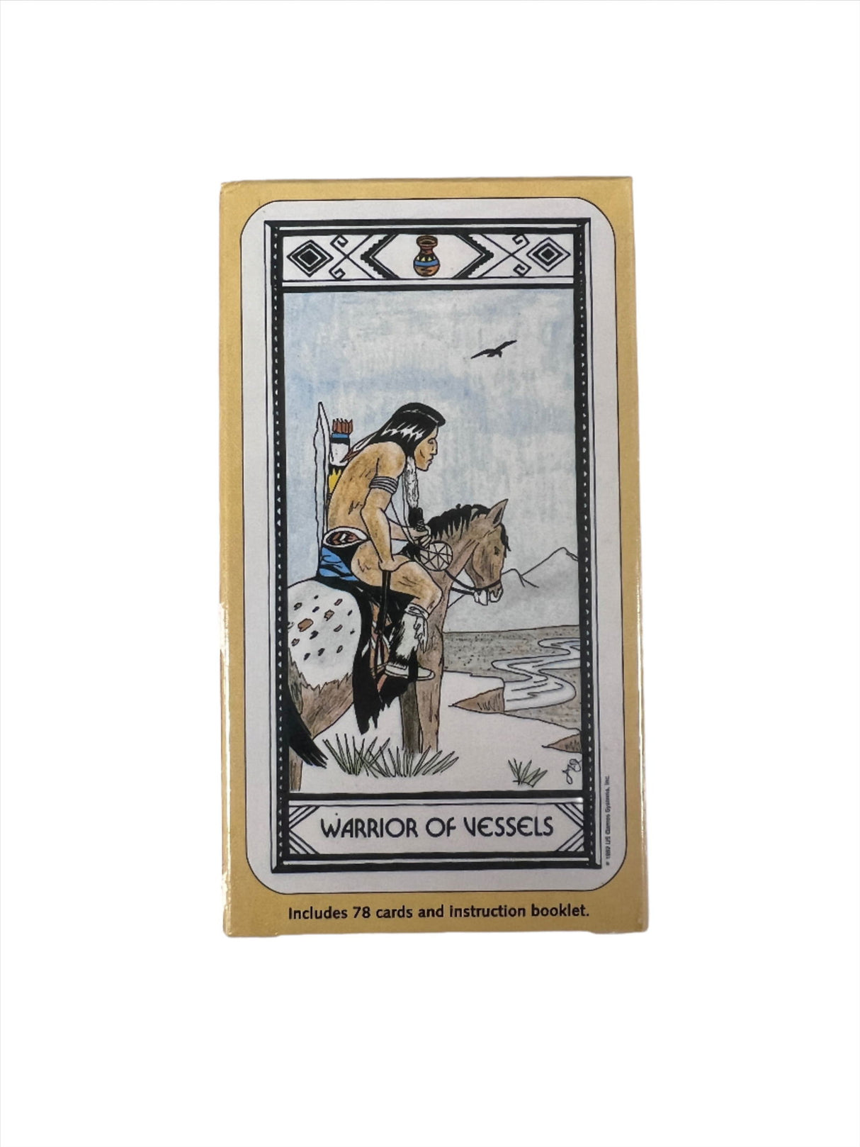Native American Tarot - Back of box with image of native on back of horse with words that describe card