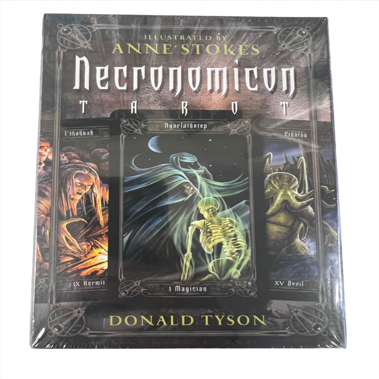 Necronomicon Tarot - Dark colored card box with Dif card images and the title Necronomion Tarot