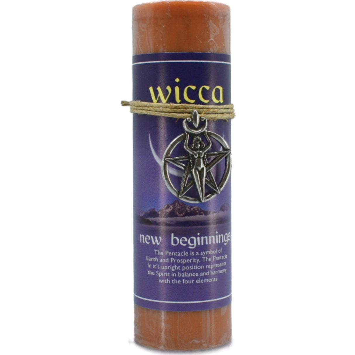 Orange candle with "WICCA" and "NEW BEGINNINGS" labels.