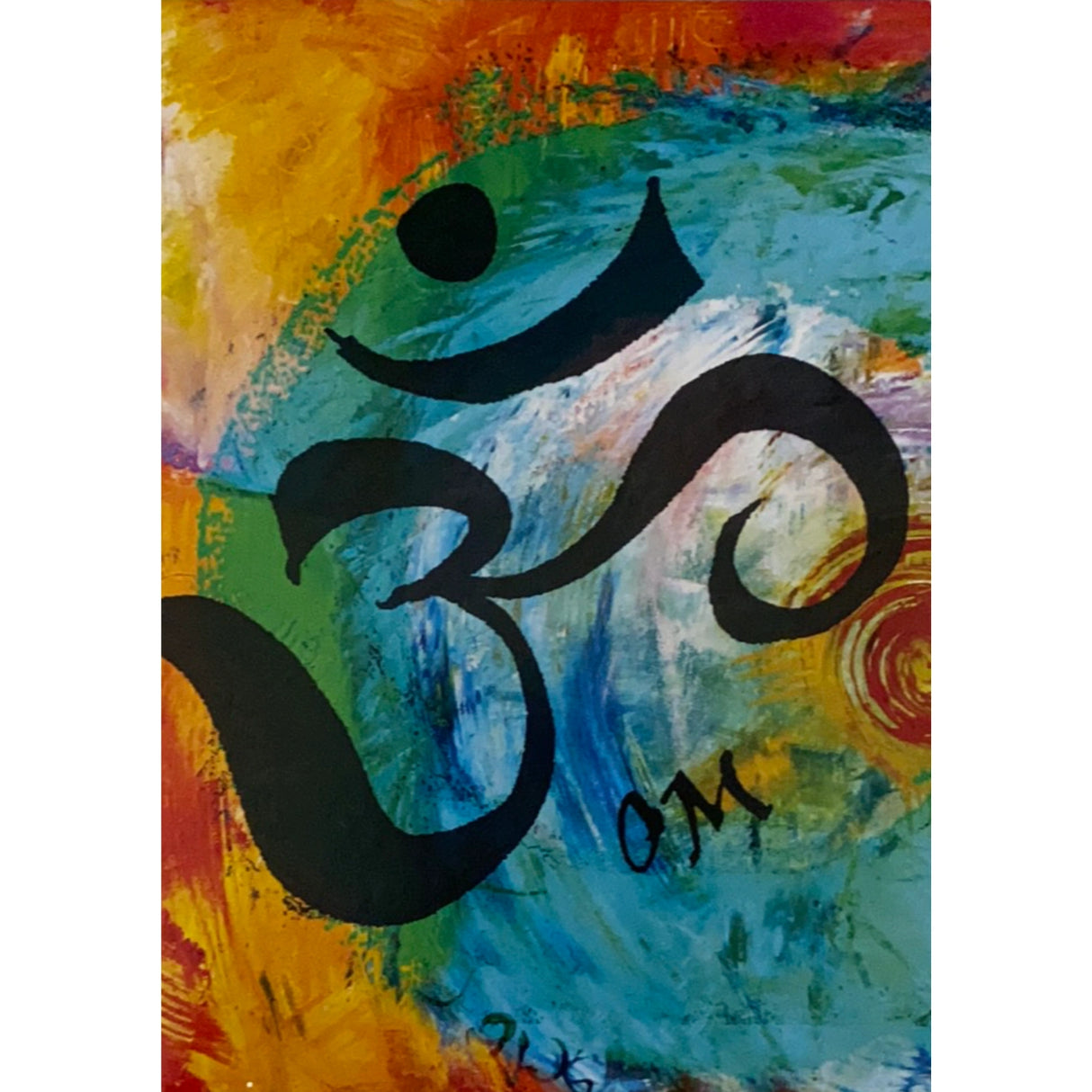 OM greeting card with colorful background and black symbol.