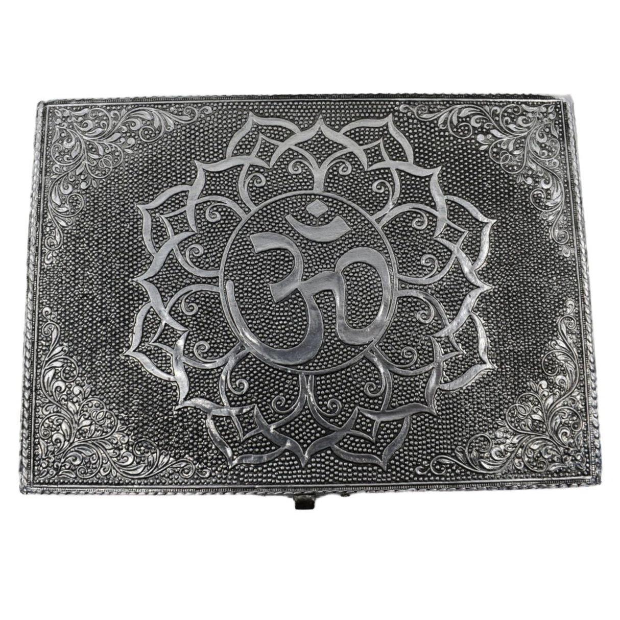 OM Metal Box - wood box covered in metal that is engraved lotus symbol with om
