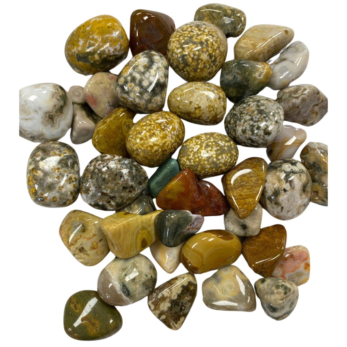 Ocean Jasper Tumbled - Polished Ocean Jasper stones in various shades of green, yellow, brown, and white.