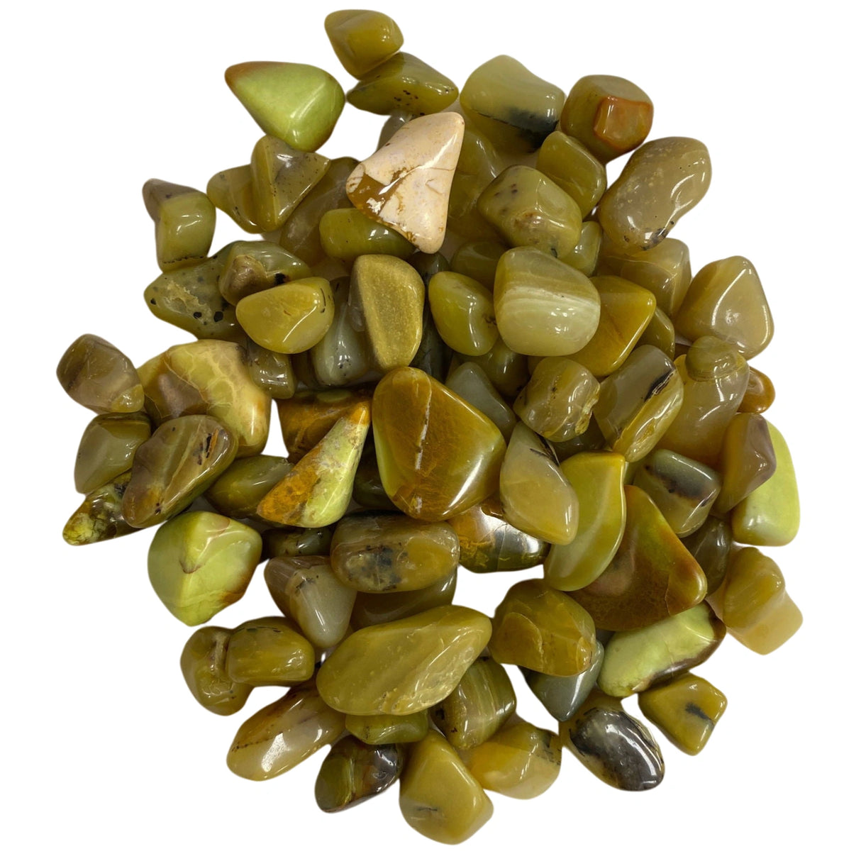 Olive Opal Tumbled - Polished Olive Opal stones in various shades of green.