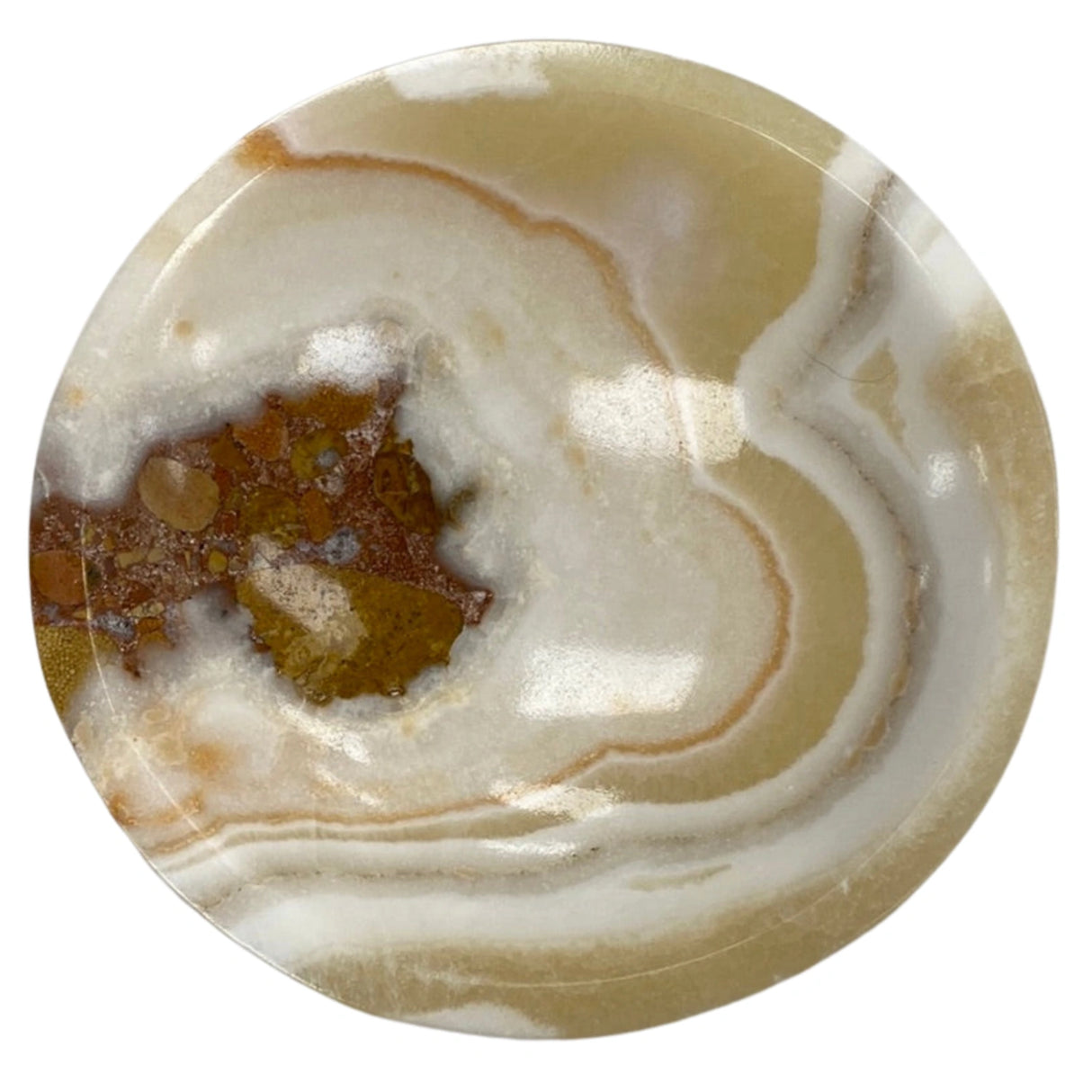 Onyx Round Stone Bowl - Round bowl with swirling white and brown patterns.