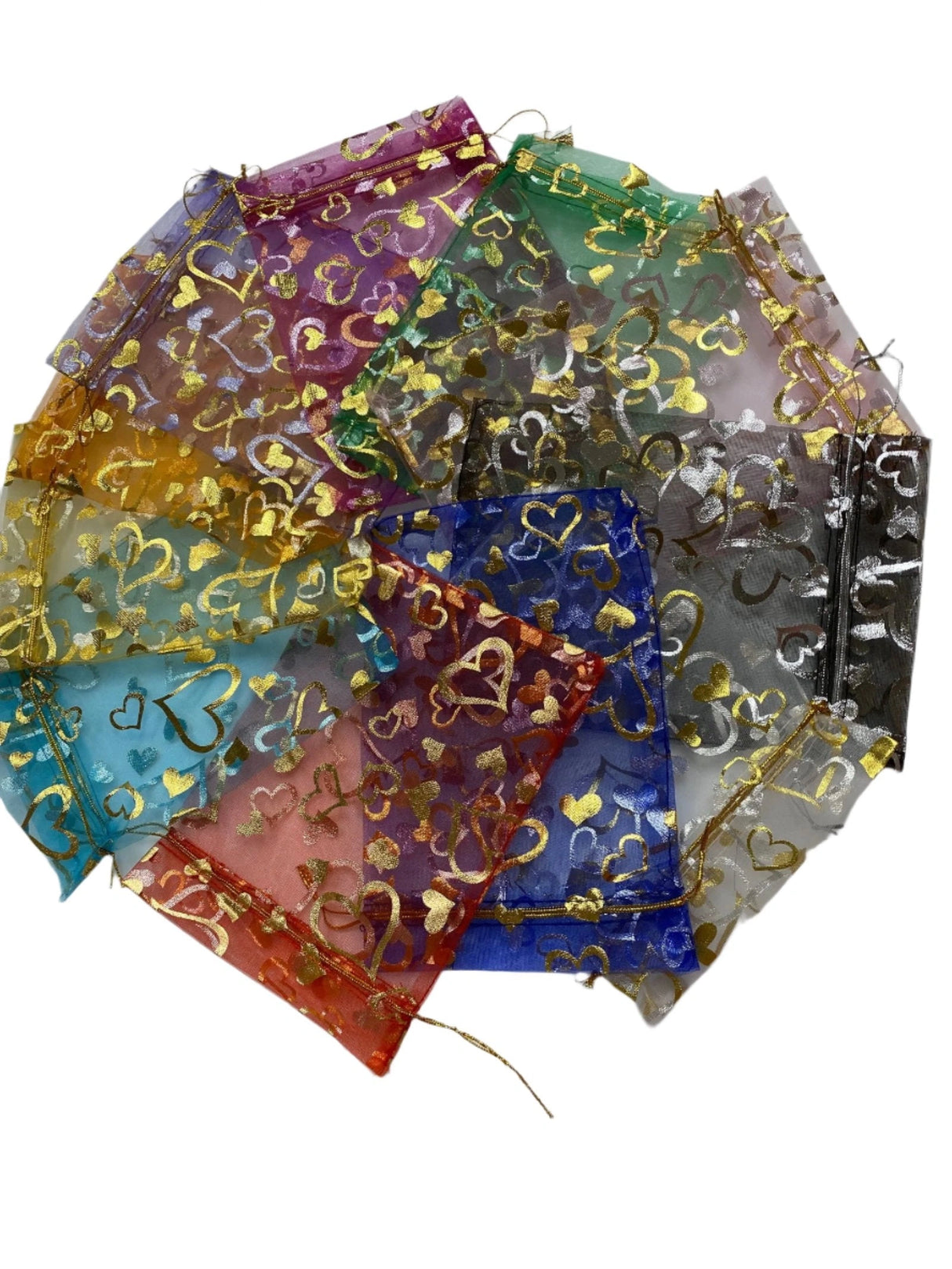 Organza Bag md - Medium size material gift bags with gold and silver hearts.