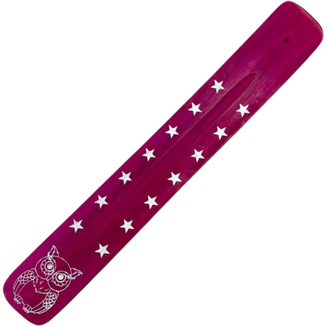 Pink wooden incense burner with owl and star design.