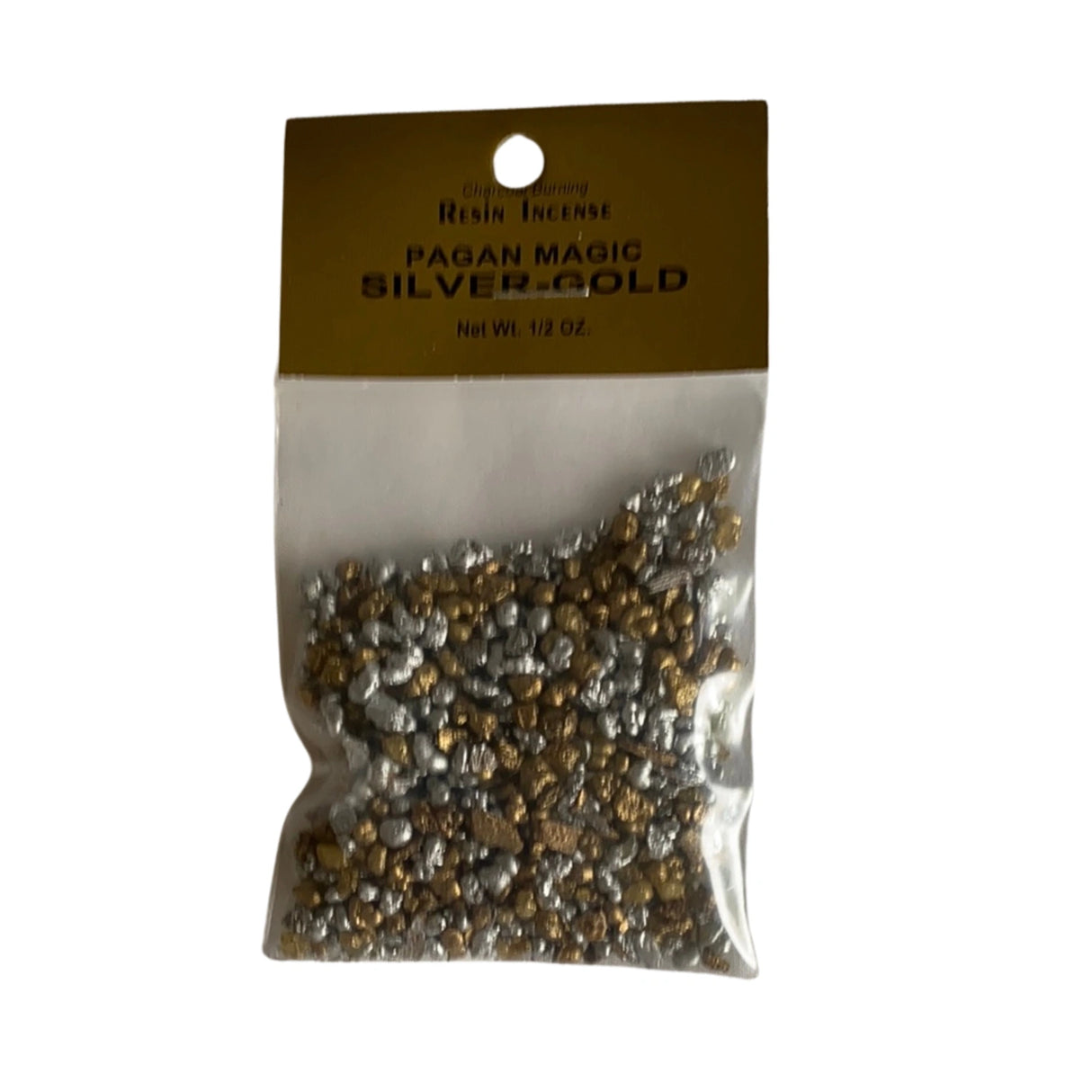 Pagan Magic Silver & Gold Resin Incense  packed inside a clear plastic bag