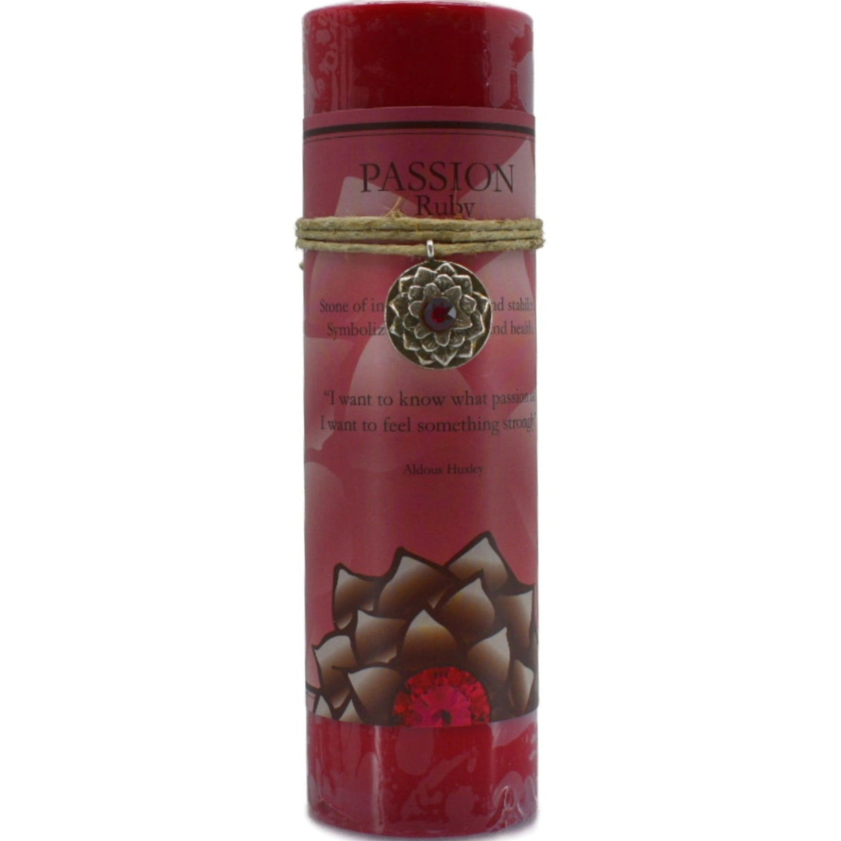 Red candle with "PASSION" label and ruby pendant.