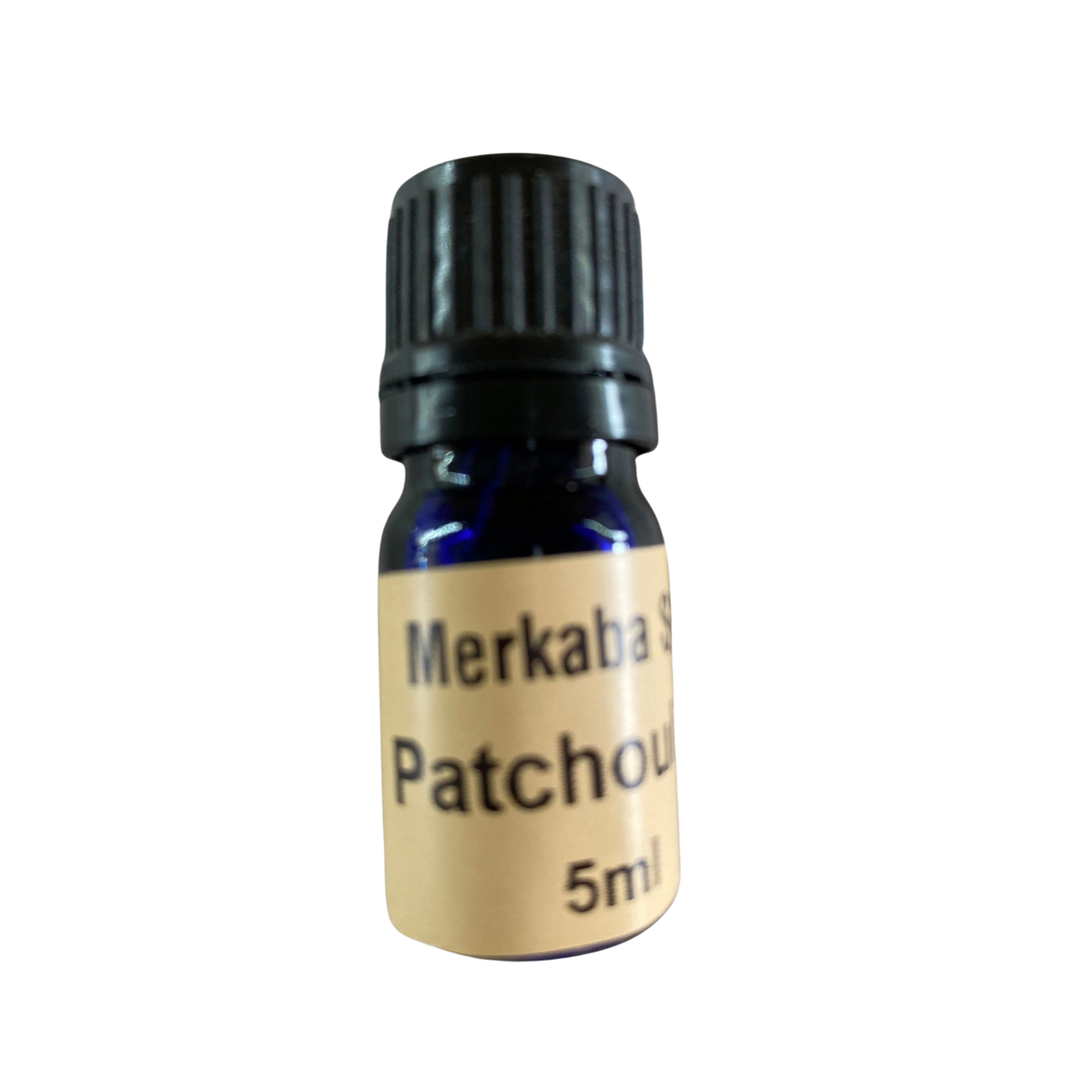 Patchouli Essential Oil - Patchouli Essential Oil in small amber colored bottle with light brown label and black screw cap.