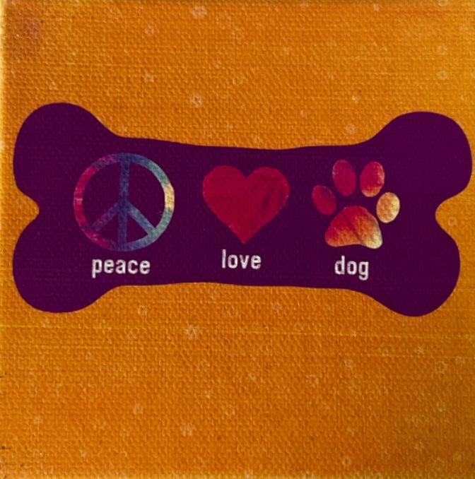 Orange square with a purple dog bone and message in center 