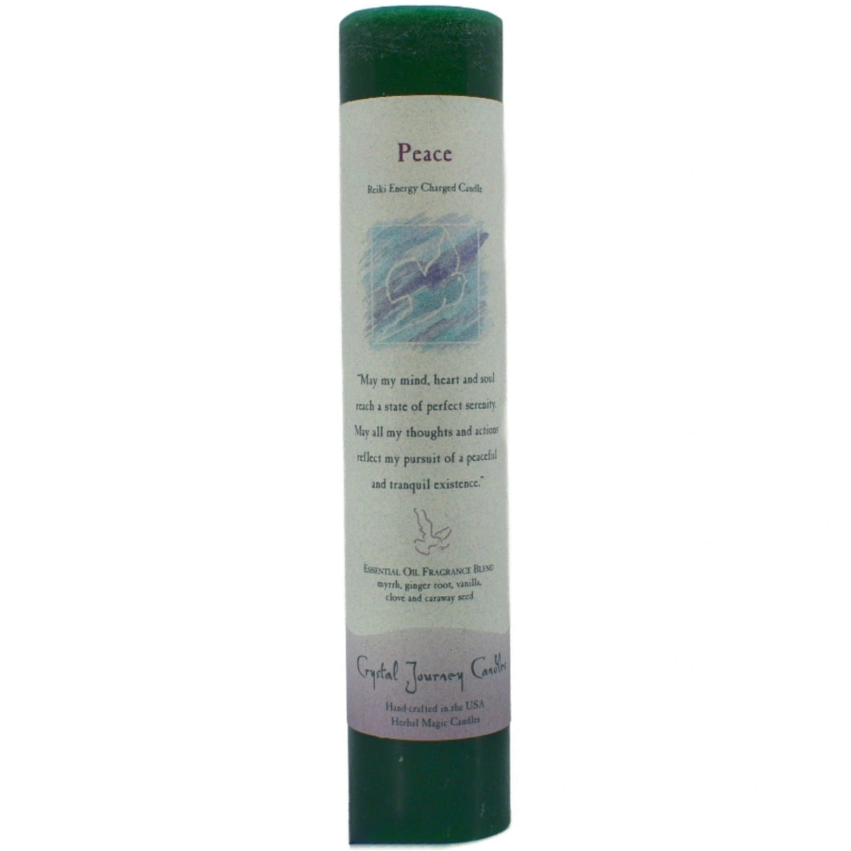 Peace Pillar Candle - Peace Pillar Candle. Burn this candle to create a tranquil environment and to quiet the mind. This dark green candle is scented with Vanilla, Clove, Myrrh, Caraway Seeds and Ginger Root essential oils.
