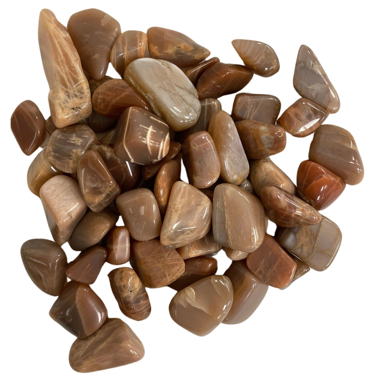 Peach Moonstone Tumbled - Polished Peach Moonstone stones with a mix of brown, orange, and white colors.