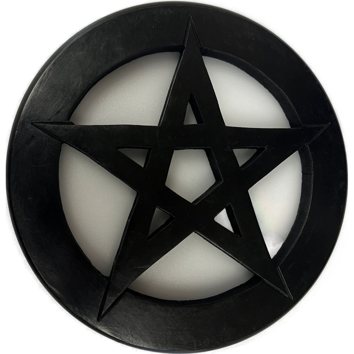 Pentacle Wall Plaque Black - Black circular wall hanging with a raised, intricate pentagram design.