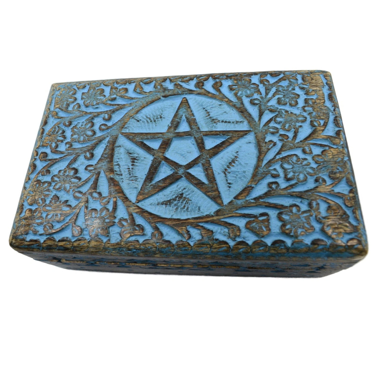 Pentacle Wood Box Blue - wood box blue pain carved pentacle with floral design