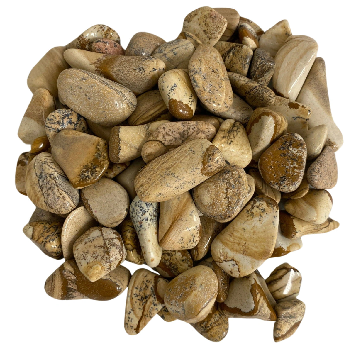 Picture Jasper Tumbled - Polished Picture Jasper stones in shades of brown, beige, and cream with distinctive patterns.