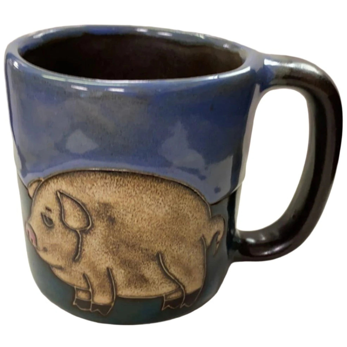 Stoneware mug with pig design.