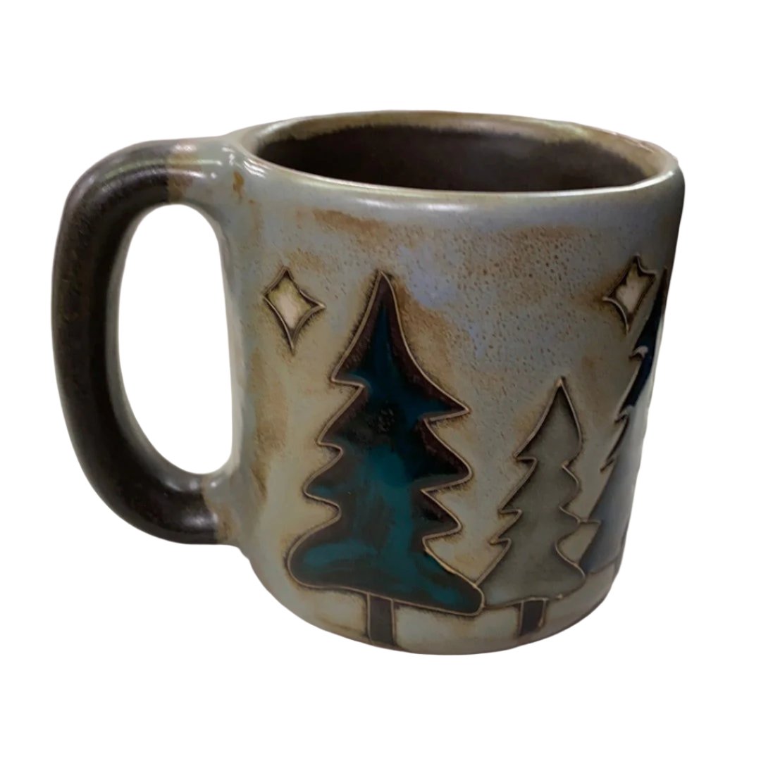 Pine Tree Mug 16oz - Large pillar shaped mug in dark grayish blue with pine trees and stars