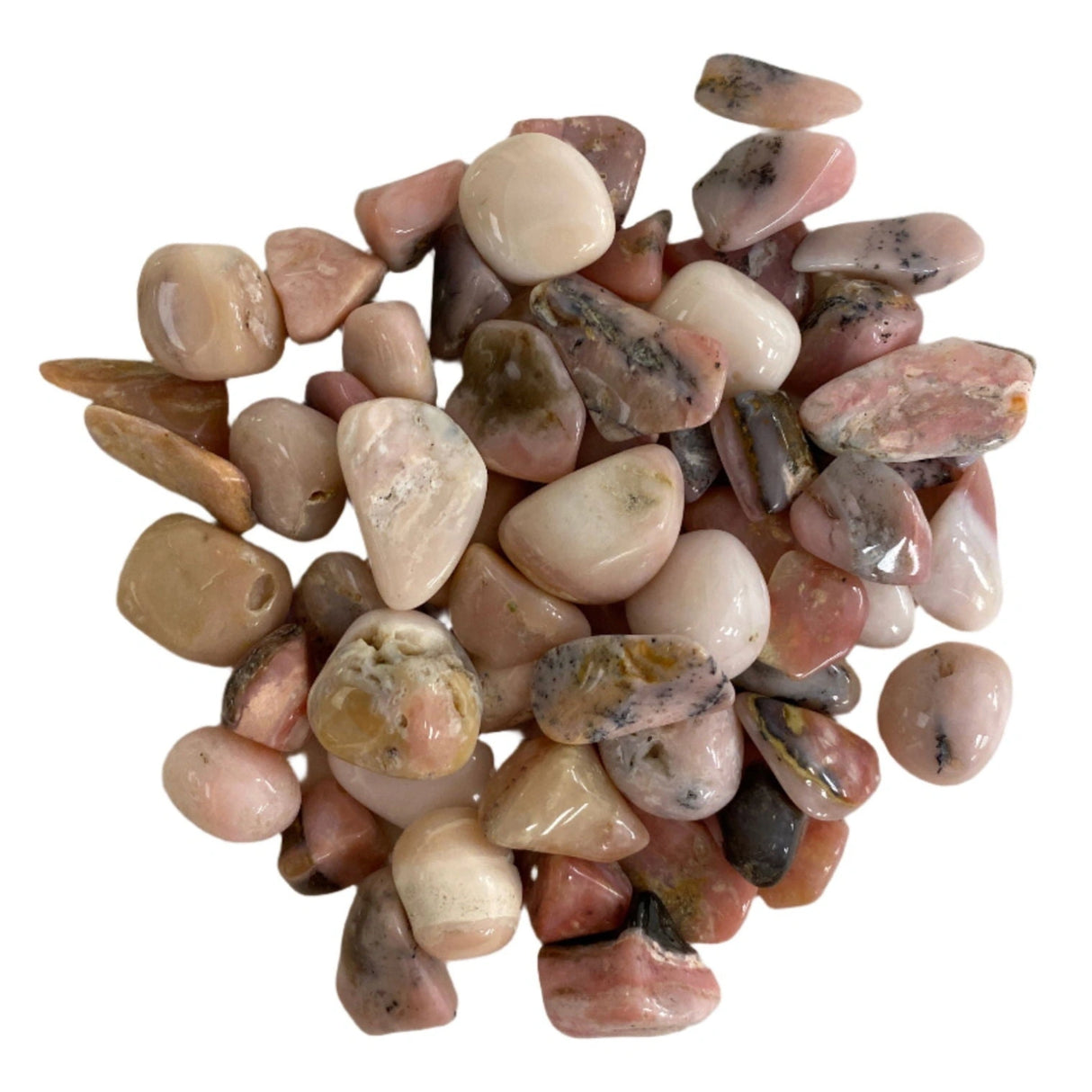 Pink Opal Tumbled - Polished pink stones with white and gray inclusions.