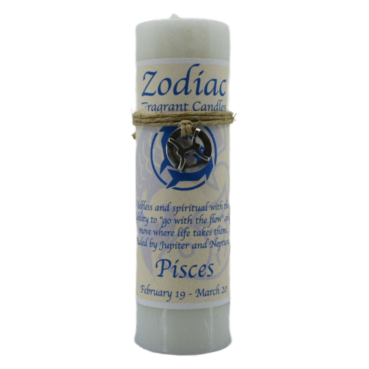 Pisces Zodiac Pendant Candle - Pisces Zodiac Candle. A white candle adorned with a pewter pendant of the Pisces symbol. This pendant can be worn as a necklace or used as an amulet. Pisces are selfless with the ability to go with the flow. They are spiritual and go where life takes them.