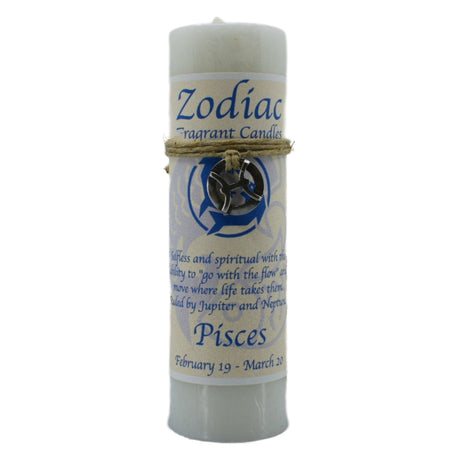 Pisces Zodiac Pendant Candle - Pisces Zodiac Candle.  A white candle adorned with a pewter pendant of the Pisces symbol.  This pendant can be worn as a necklace or used as an amulet.  Pisces are selfless with the ability to go with the flow.  They are spiritual and go where life takes them.