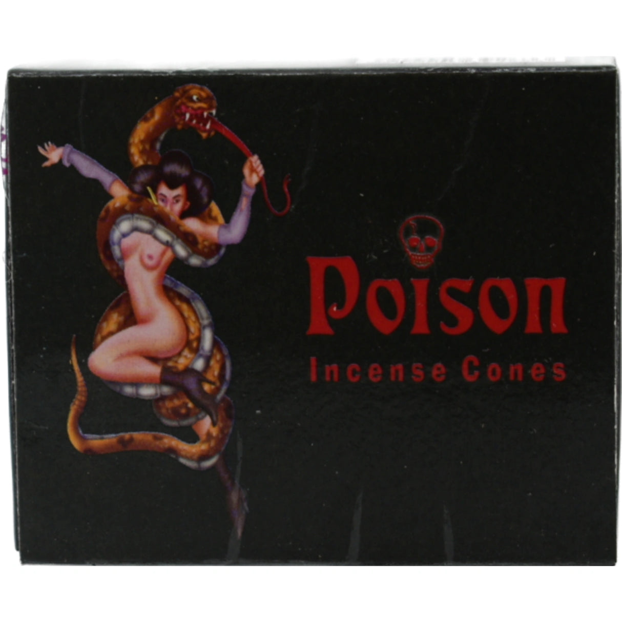 Black card board box with woman wrapped by a snake, red skull art, and red text of "Poison Incense Cones"