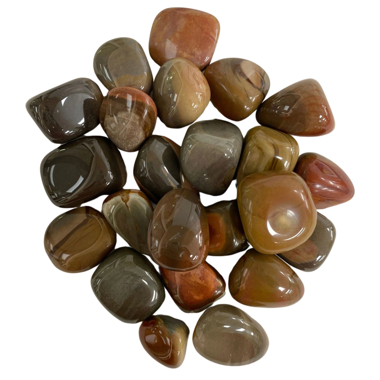 Polychrome Jasper Tumbled - Polished stones with vibrant red, orange, and brown patterns.