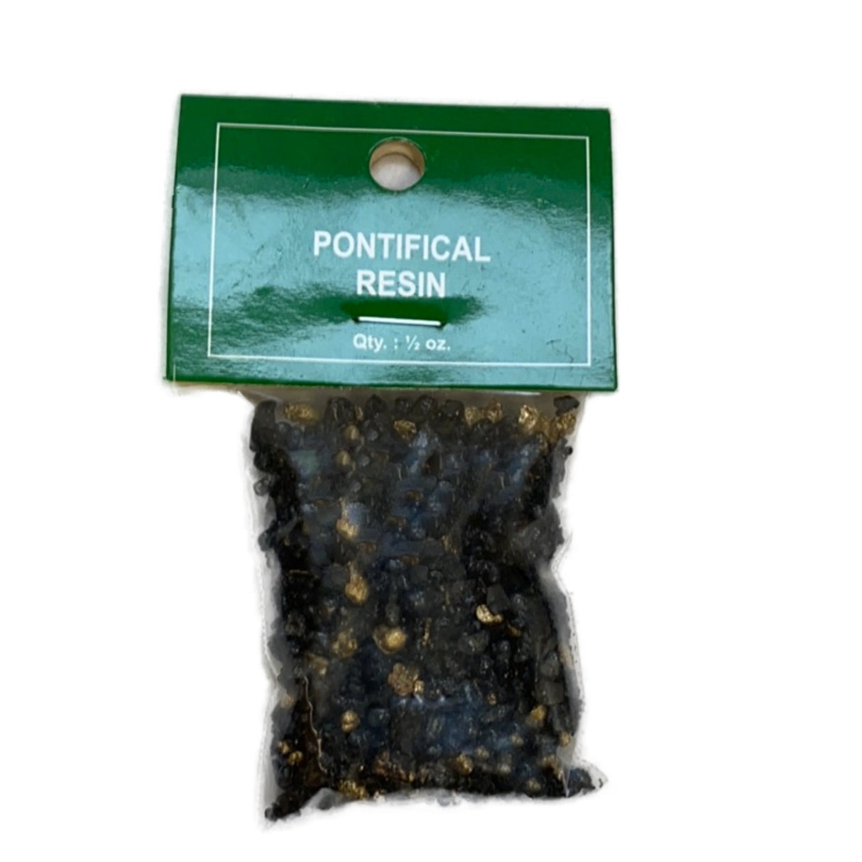 Pontifical Resin Incense - !/2 oz clear bag with the resin pieces inside dark and light color green ag with words Pontifical  Resin