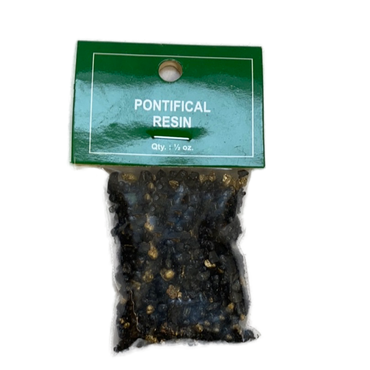 !/2 oz clear bag with the resin pieces inside dark and light color green ag with words Pontifical  Resin 