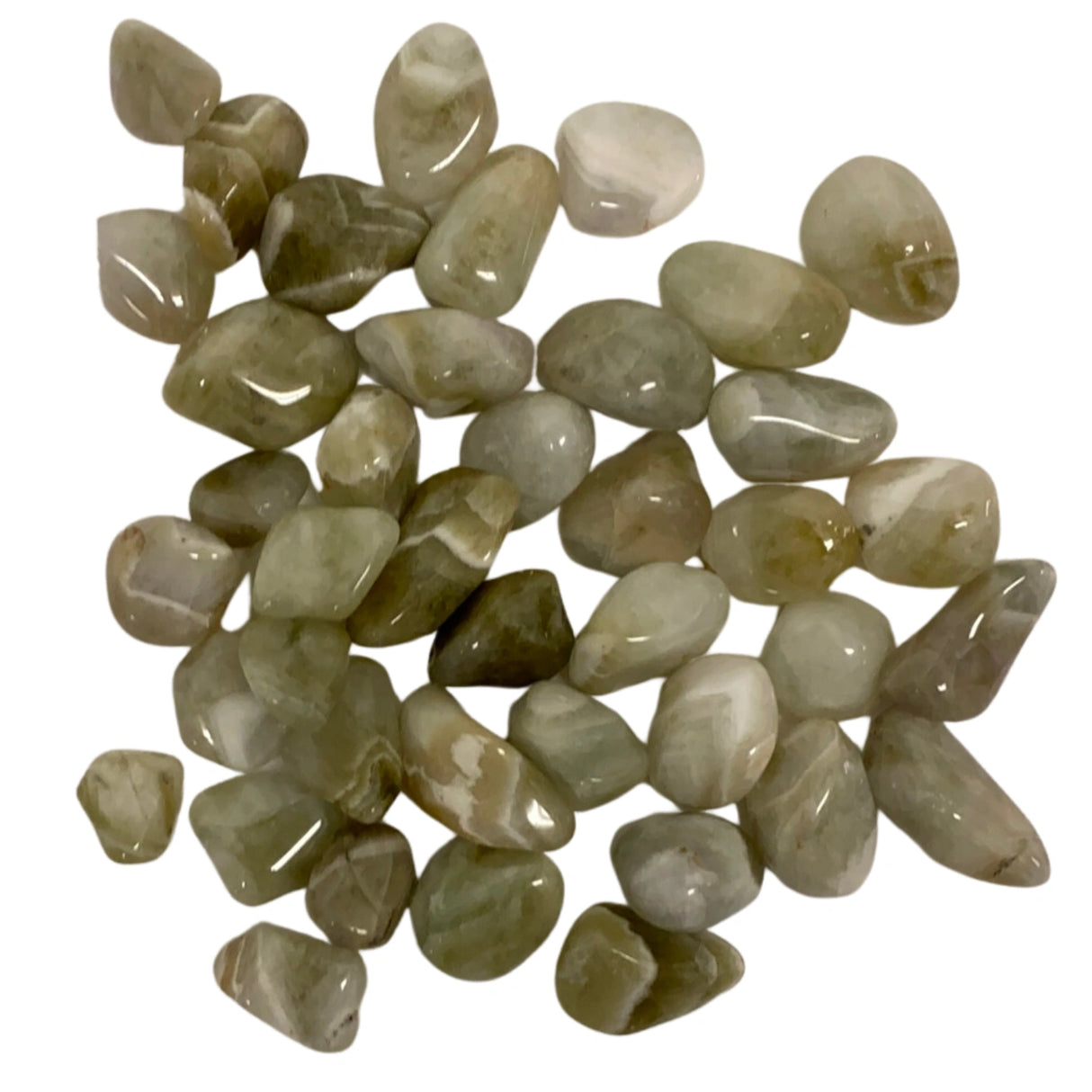 Prasiolite Tumbled - Polished Prasiolite stones in shades of green and white.
