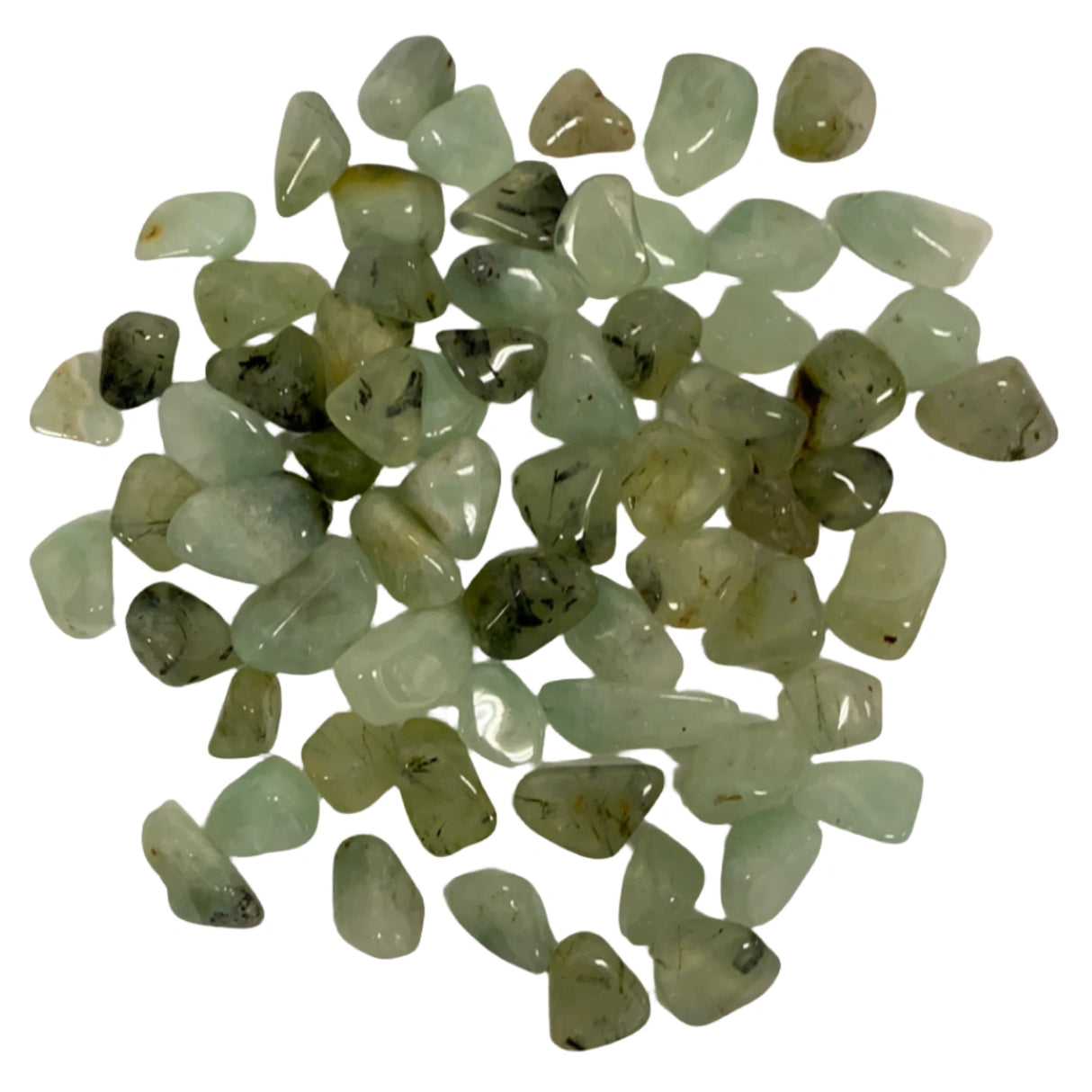 Prehnite Tumbled - Tumbled Prehnite stones in shades of green with black inclusions.