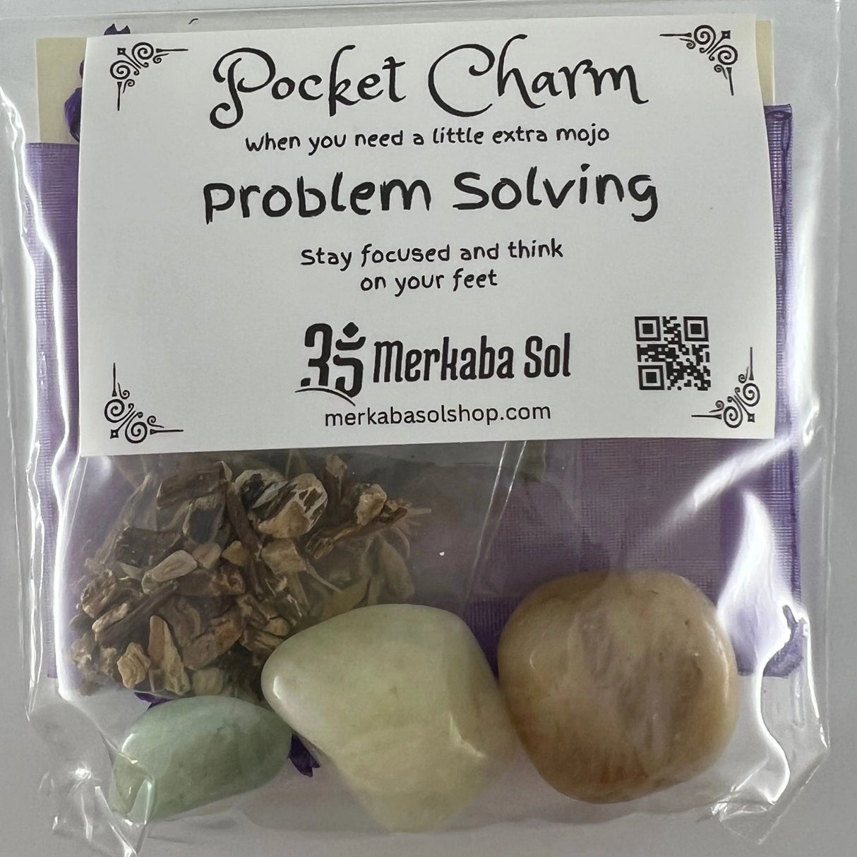 Problem Solving Pocket Charm Kit with Transparent packaging, White label, and Black text.