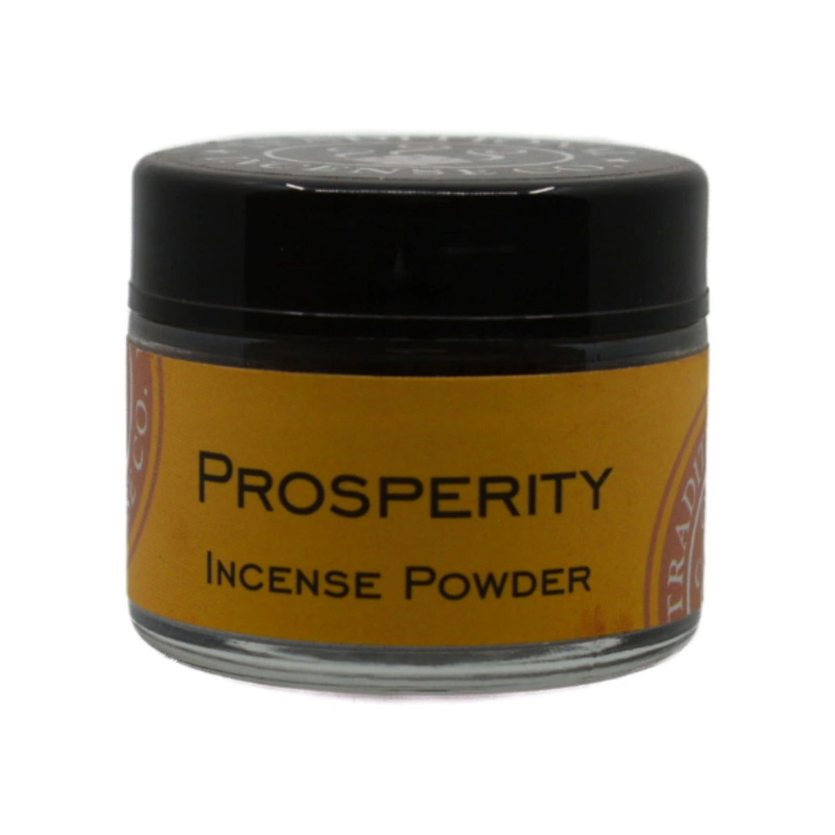 Prosperity Incense Powder in a clear jar with a black lid.