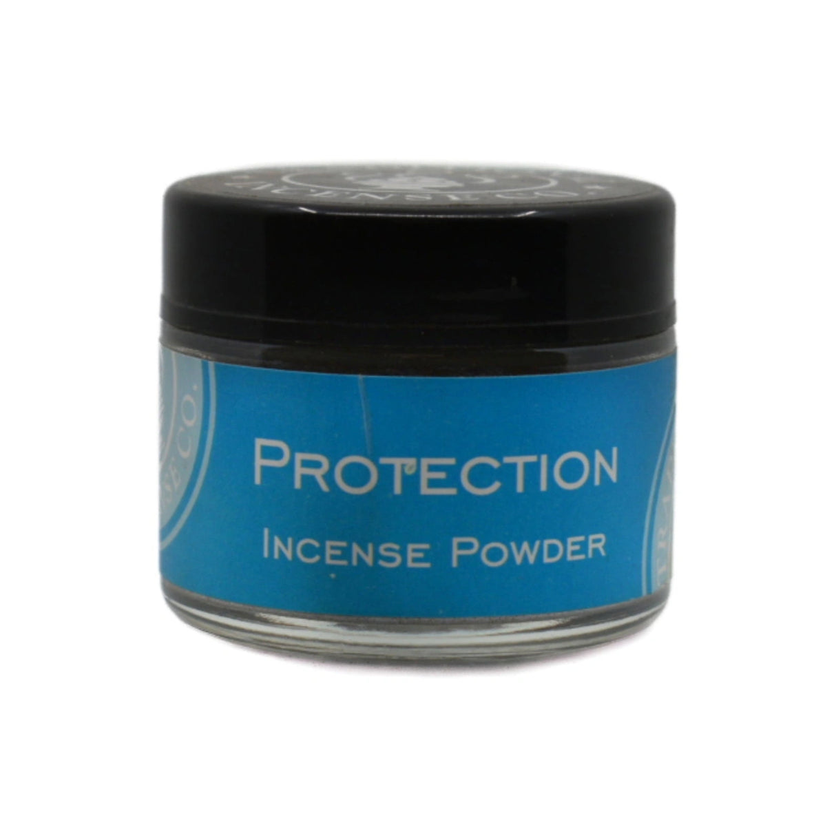 Protection Incense Powder in a blue jar with black lid.