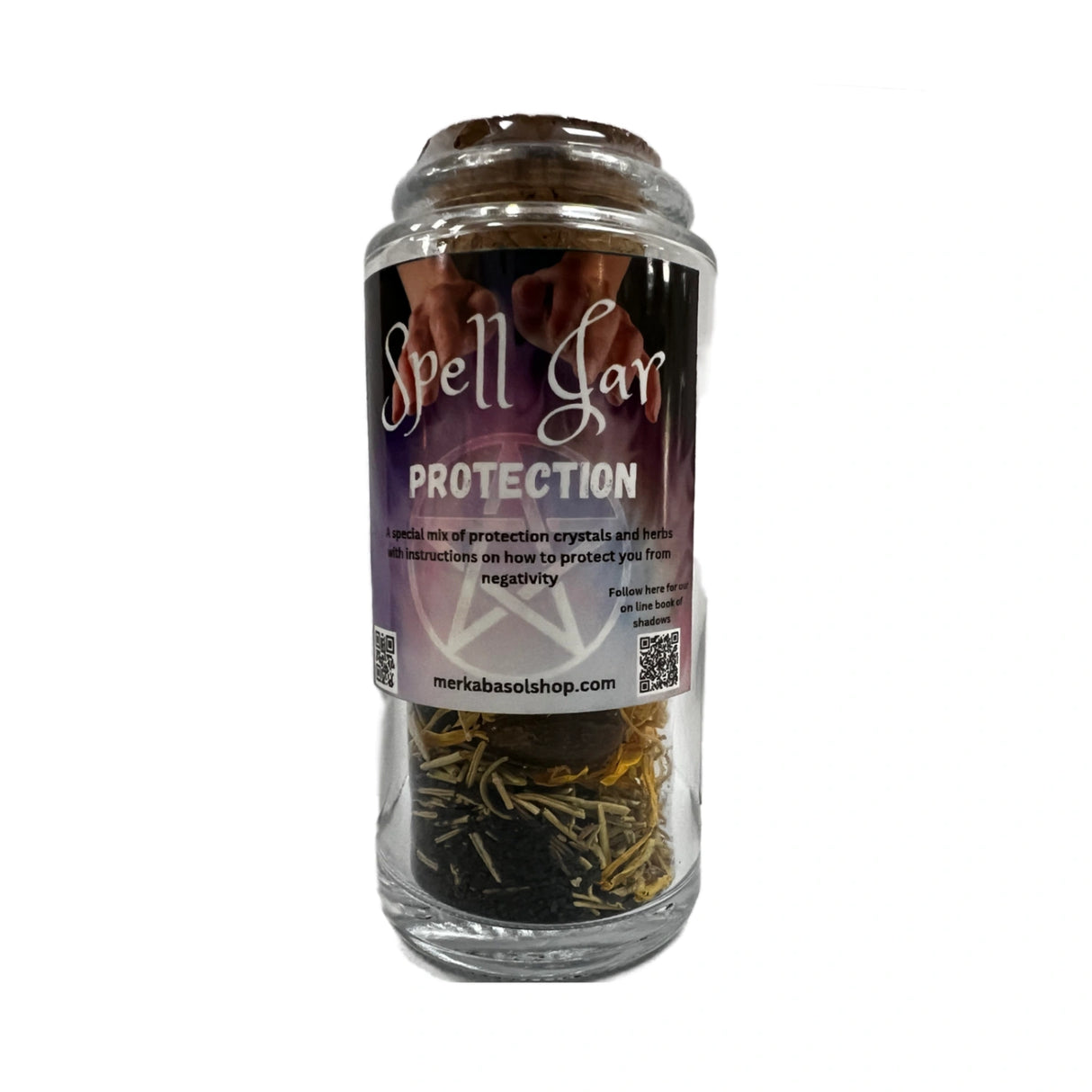 Protection Spell Jar filled with herbs and crystals.