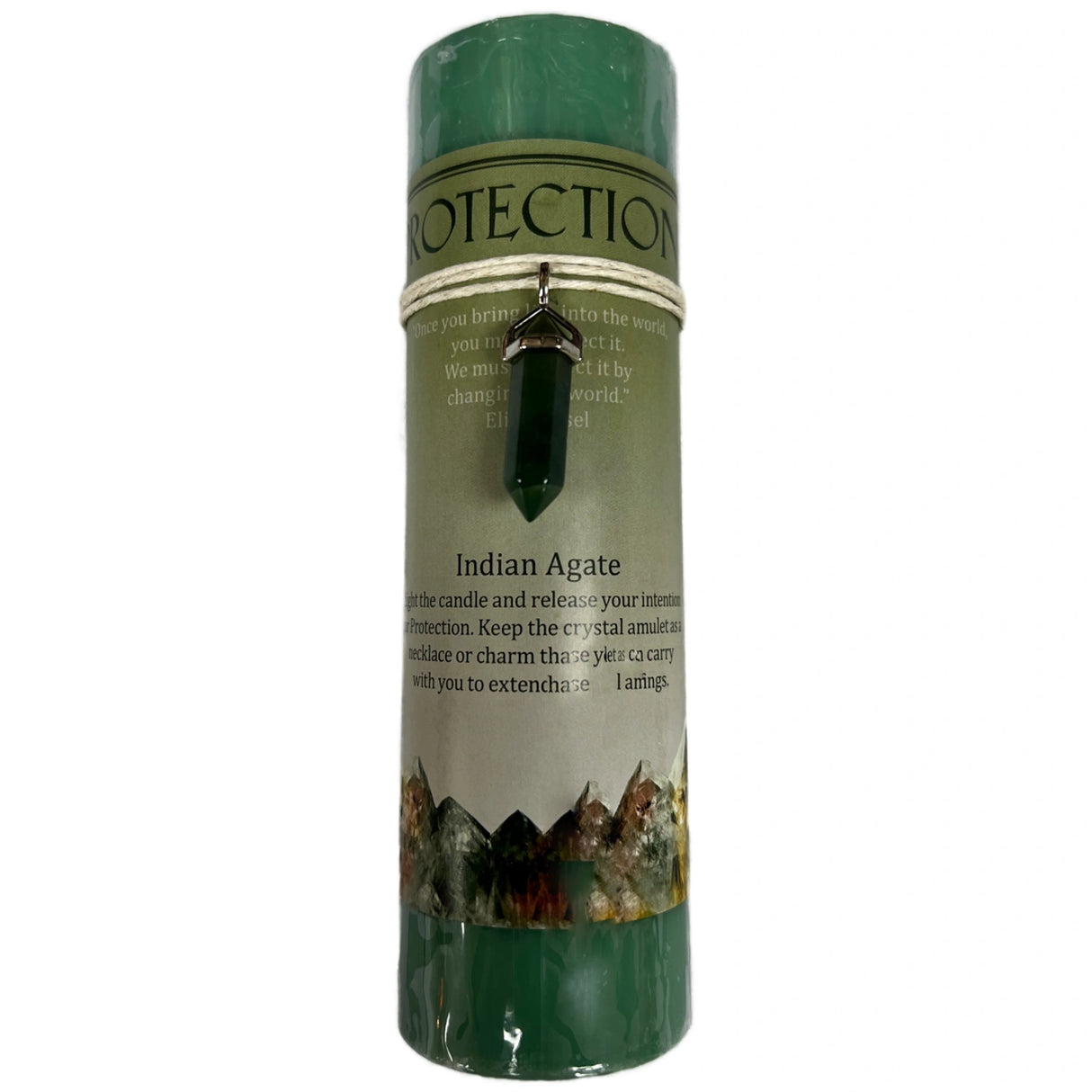 Protection Crystal Pendant Candle - tall green candle with a crystal pendant attached