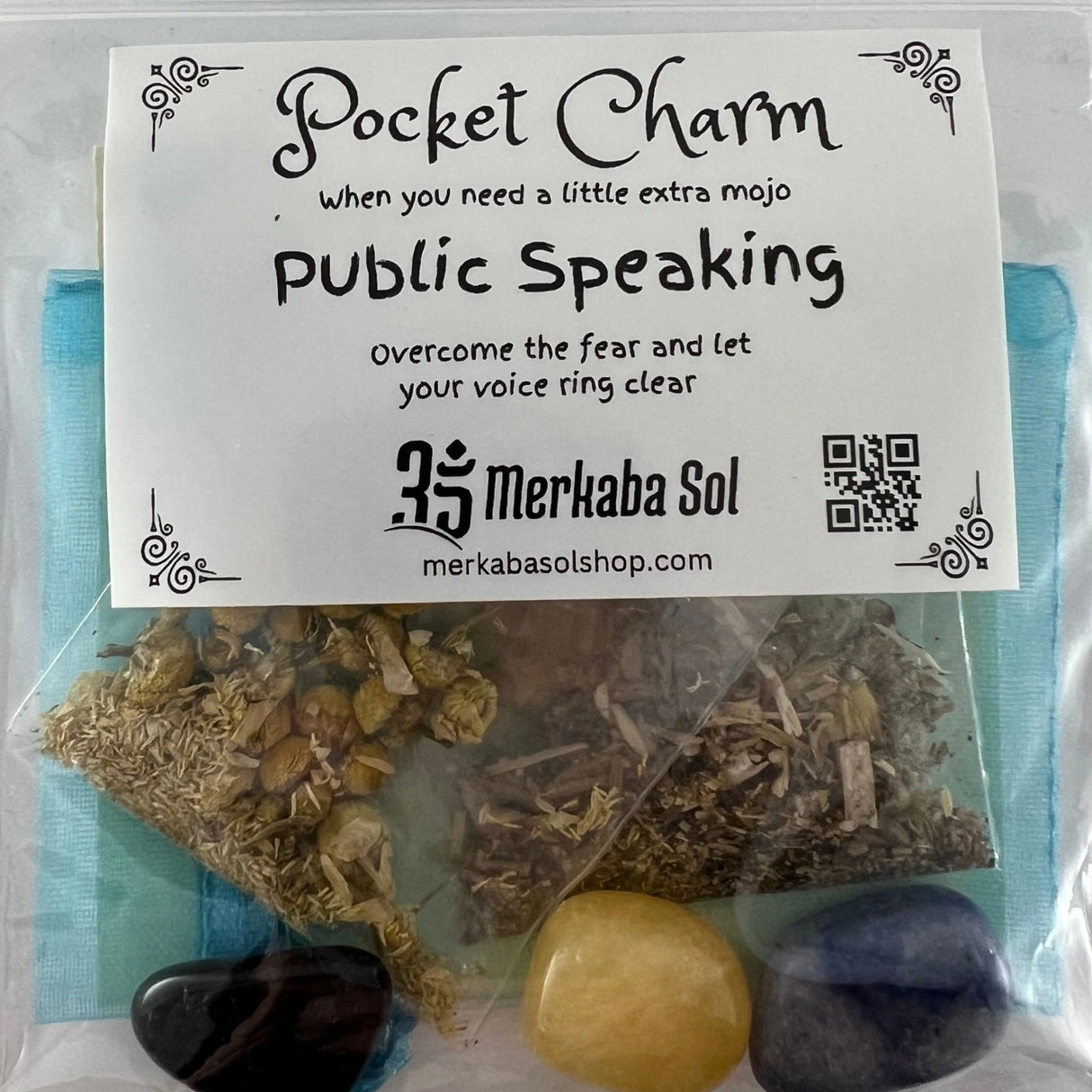 Public Speaking Pocket Charm Kit with Transparent packaging, White label, and Black text.