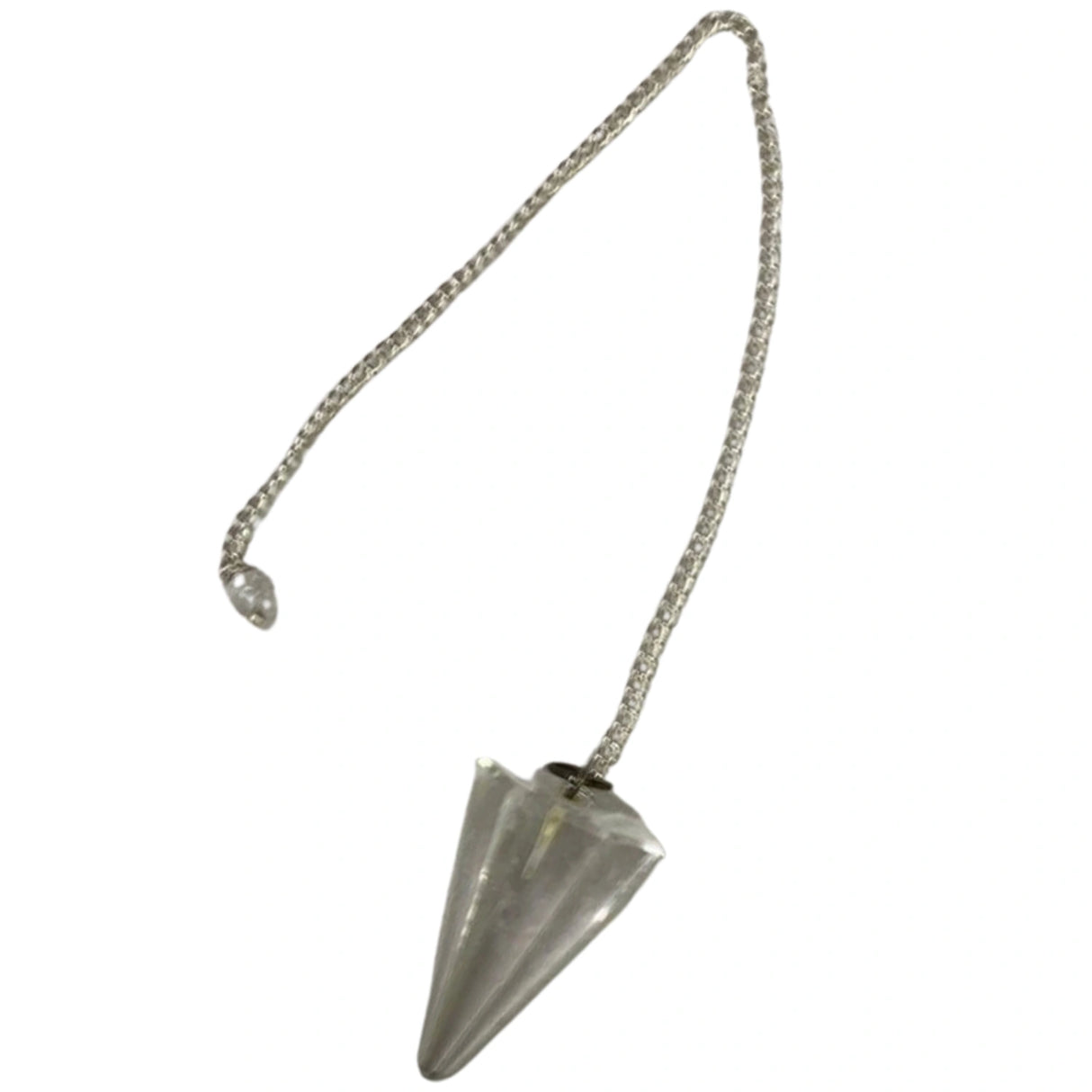 Silver metal pendulum with a faceted quartz crystal at the end.