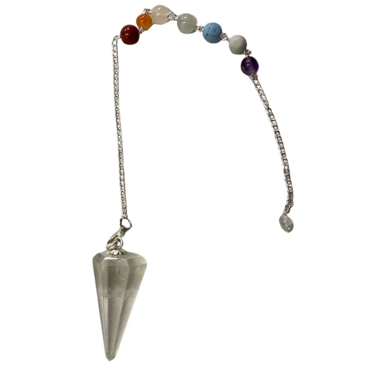 Clear quartz pendulum with a silver chain and seven colored beads.