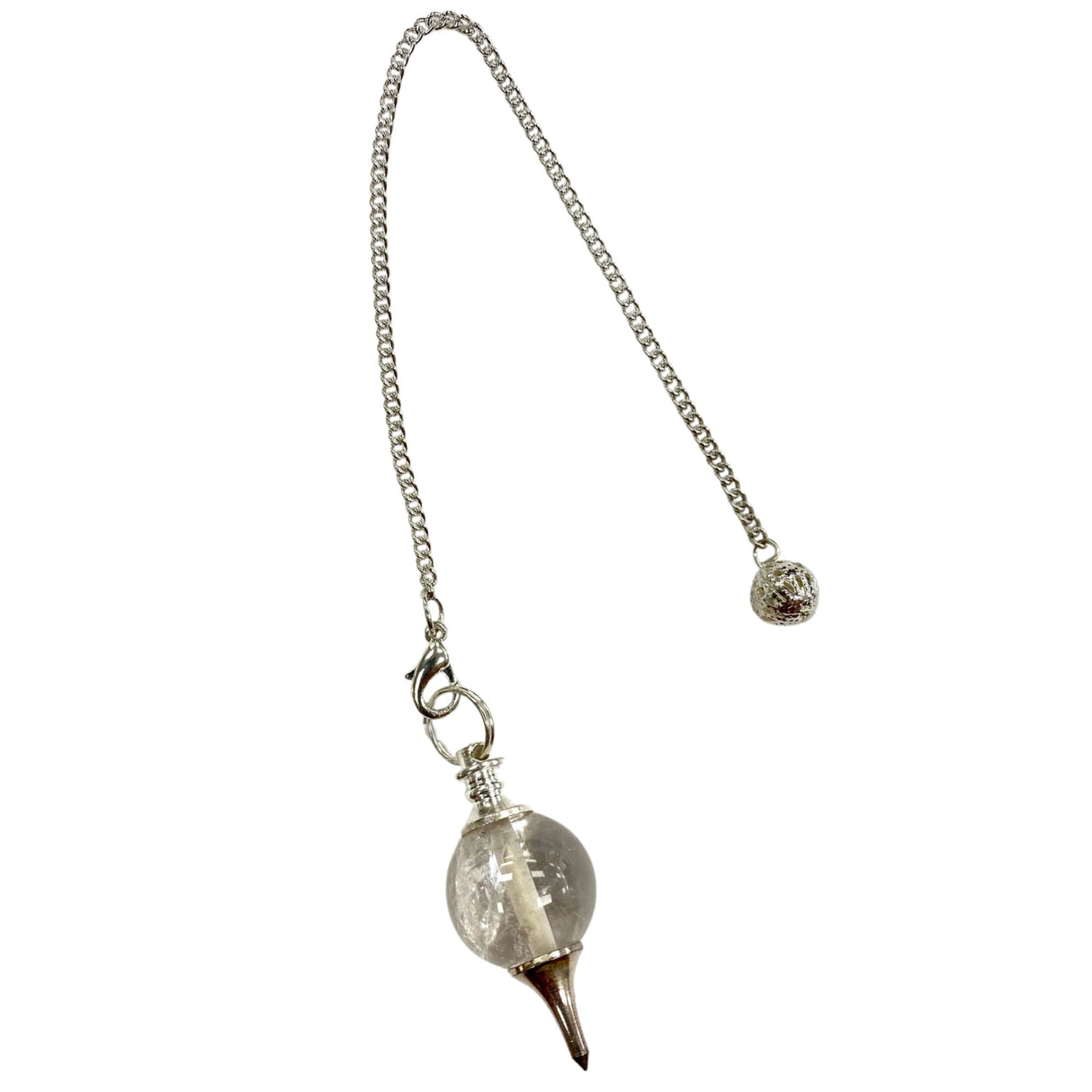 Clear quartz pendulum with a silver chain.