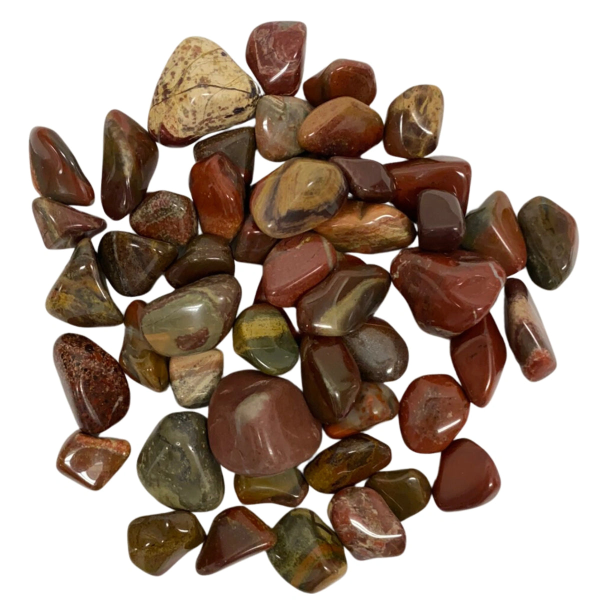 Rainbow Jasper Tumbled - Polished Rainbow Jasper stones with vibrant red, green, and yellow swirls.